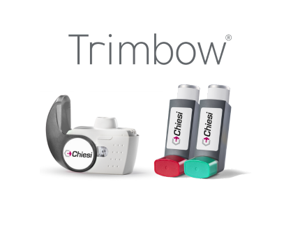 Visualisatie van de werking en samenstelling van Trimbow®, een inhalatiemedicijn voor astma en COPD, met drie werkzame stoffen die gelijktijdig worden afgegeven in extrafijne deeltjes voor optimale longdepositie.