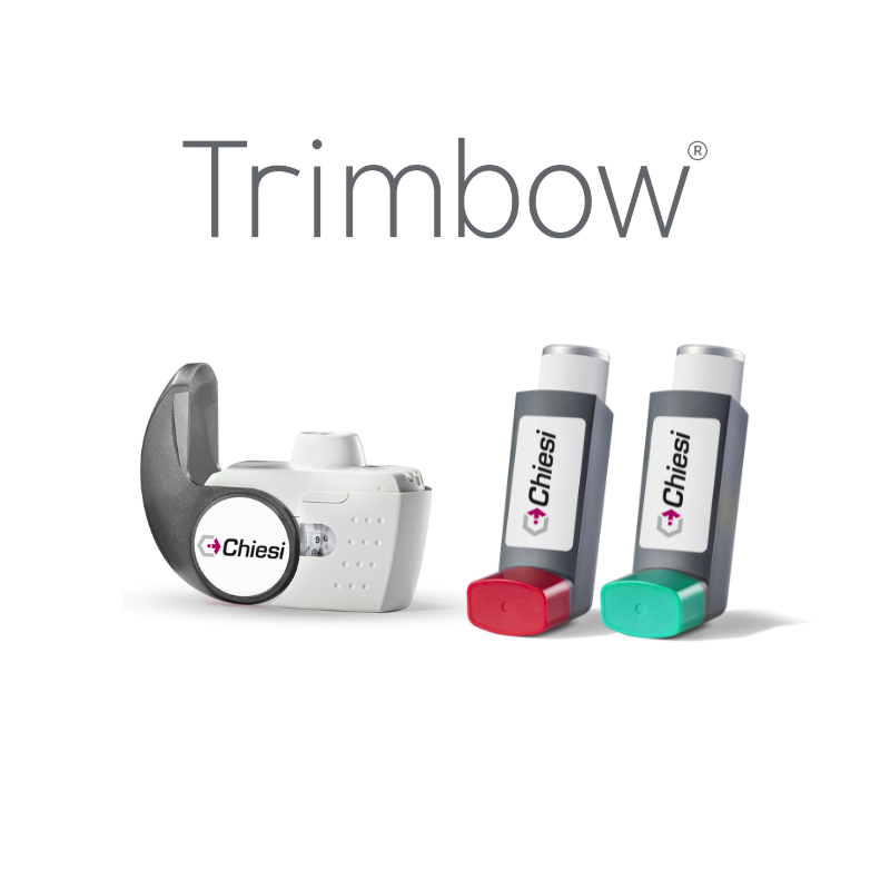 Visualisatie van de werking en samenstelling van Trimbow®, een inhalatiemedicijn voor astma en COPD, met drie werkzame stoffen die gelijktijdig worden afgegeven in extrafijne deeltjes voor optimale longdepositie.